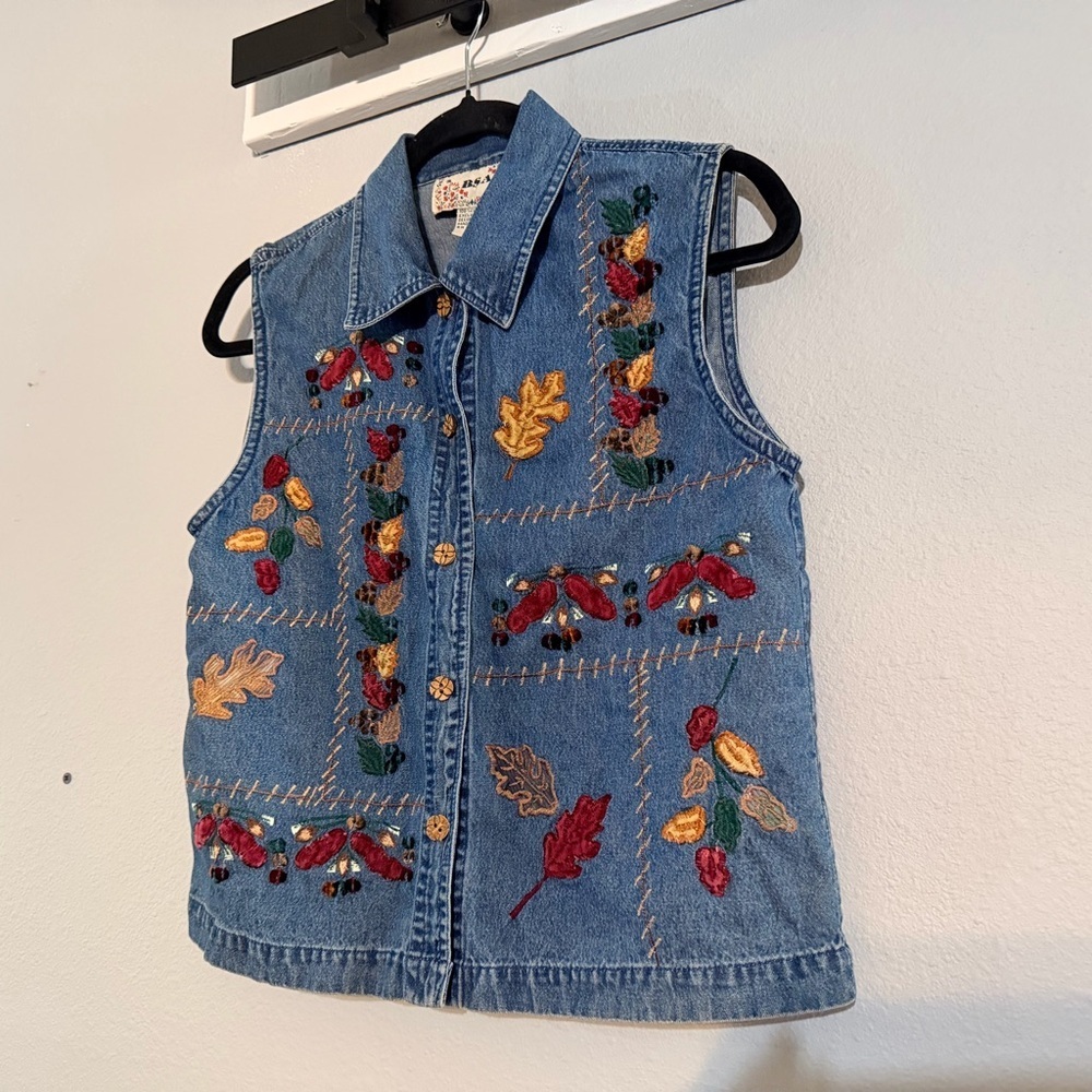 Vtg Embroidered Button Front Denim Vest Medium Leaves Patchwork Velvet Fall - Picture 5 of 8